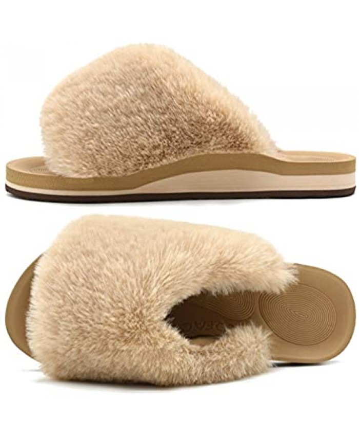 COFACE Womens Fuzzy Slides Fluffy Faux Fur House Slippers Open Toe Slip On Sandals Cozy Soft Yoga Mat Slippers Sandals with Arch Support Indoor Outdoor