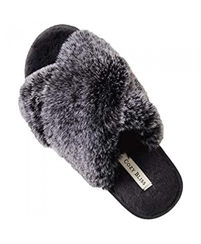 Cozy Bliss Women's Faux Fur Slippers Cross Band Open Toe Breathable Fuzzy Fluffy House Slippers Memory Foam Anti-Skid Sole Indoor Outdoor Slippers