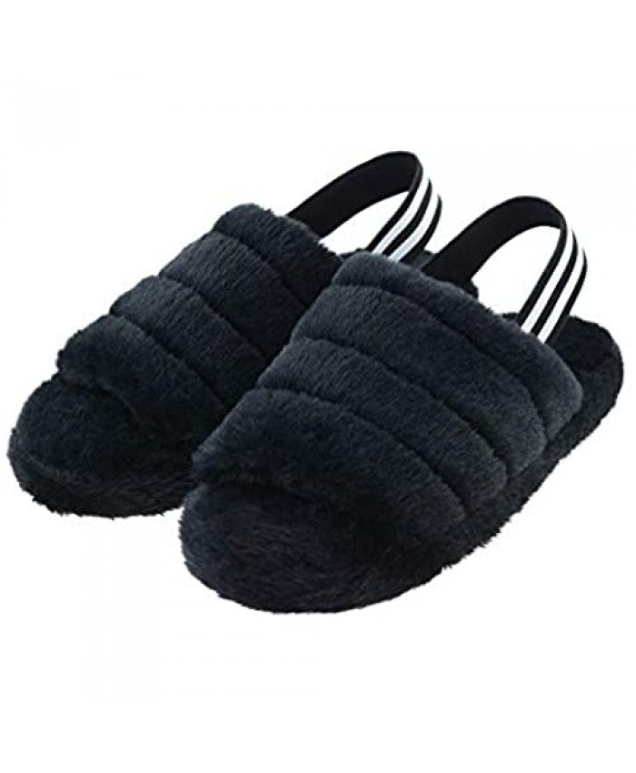 FIBURE Womens Fuzzy Slippers with Elastic Back Strap Open Toe Fluffy Bedroom Slide Slippers Cozy Faux Fur Sandals with Non-Slip Sole