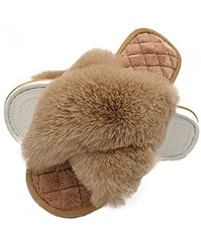 HUMIWA Women's Cross Band Slippers Soft Open Toe Furry Cozy Fur House Slippers Memory Foam Sandals Slides Soft Anti-Slip on Home Slippers for Girls Men Indoor Outdoor