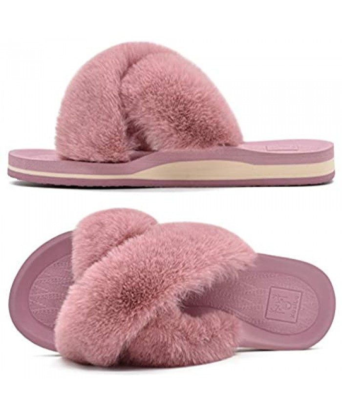 KUAILU Womens Fuzzy Slides Fluffy Faux Fur House Slippers Open Toe Yoga Mat Cross Sliders Hard Rubber Sole Sandals with Arch Support