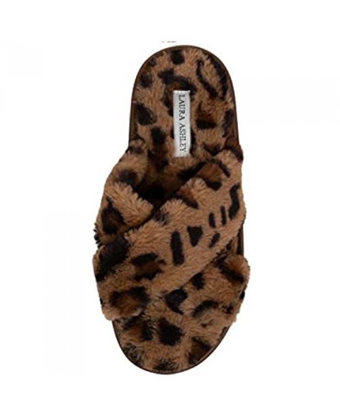 Laura Ashley Ladies Animal Leopard Plush Cross Band Slippers With Memory Foam Insole