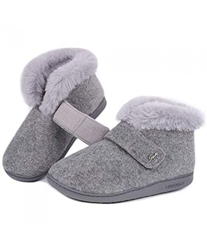 LongBay Women's Warm Fuzzy Faux Fur Bootie Slippers Memory Foam House Shoes with Adjustable Hook and Loop