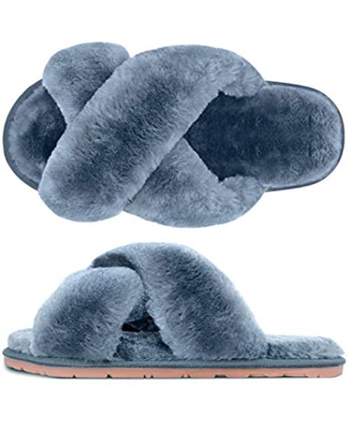 SIMIYA Womens House Fuzzy Slippers Women's Cross Band Slippers Soft Plush Cute Slippers Furry Cozy Open Toe House Shoes for Indoor Outdoor