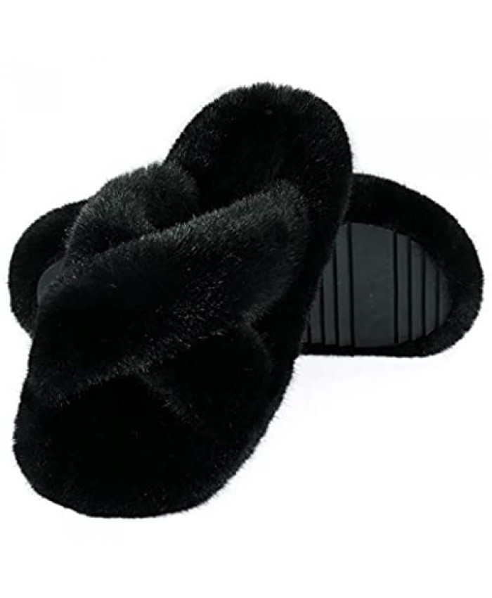 WATMAID Fuzzy Slippers for Women Soft Fluffy House Slippers Open Toe Cross Bands Anti-Skid Plush Furry Slippers Slides for Indoor Outdoor