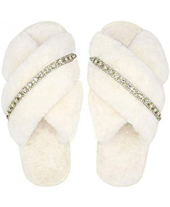 winhot Slippers for Women White Cross Band Soft Fuzzy Plush Fleece Fluffy Bride Slipper with Rhinestones House Shoes White