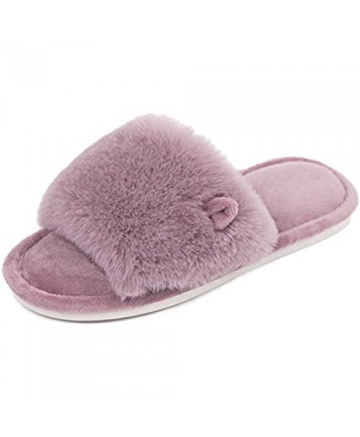 Women Fur House Slippers Pink: Summer Open Toe Furry Slides - Cute Fuzzy Girl Home Slipper - Fluffy Memory Foam Spa Slide