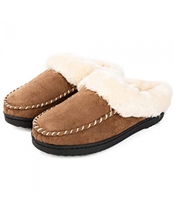 Women's Cozy Memory Foam Moccasin Slippers with Fuzzy Plush Faux Fur Collar and Lining Ladies' Slip on Home Shoes with Indoor Outdoor Anti-Skid Rubber Sole