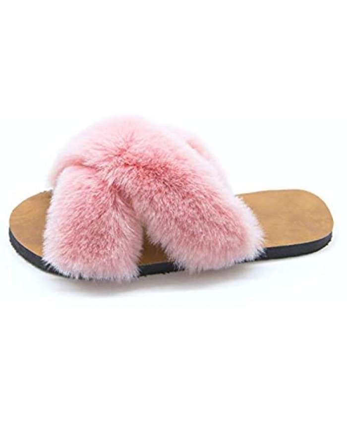 Women's Fuzzy Crossband Fluffy Furry Fur Slippers Flip Flop Summer Winter Warm Cozy House Sandals Slides Soft Flat Comfy Anti-Slip Spa Indoor Outdoor Slip on