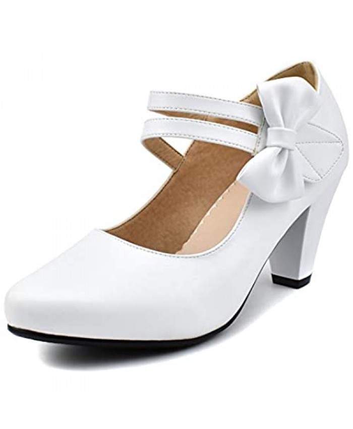100FIXEO Chic Mary Jane Shoes Women Heels and Pumps Ladies Block High Heel Sweet Lolita Ankle Strap Dress Pumps Hook and Loop Bow Heels Closed Toe