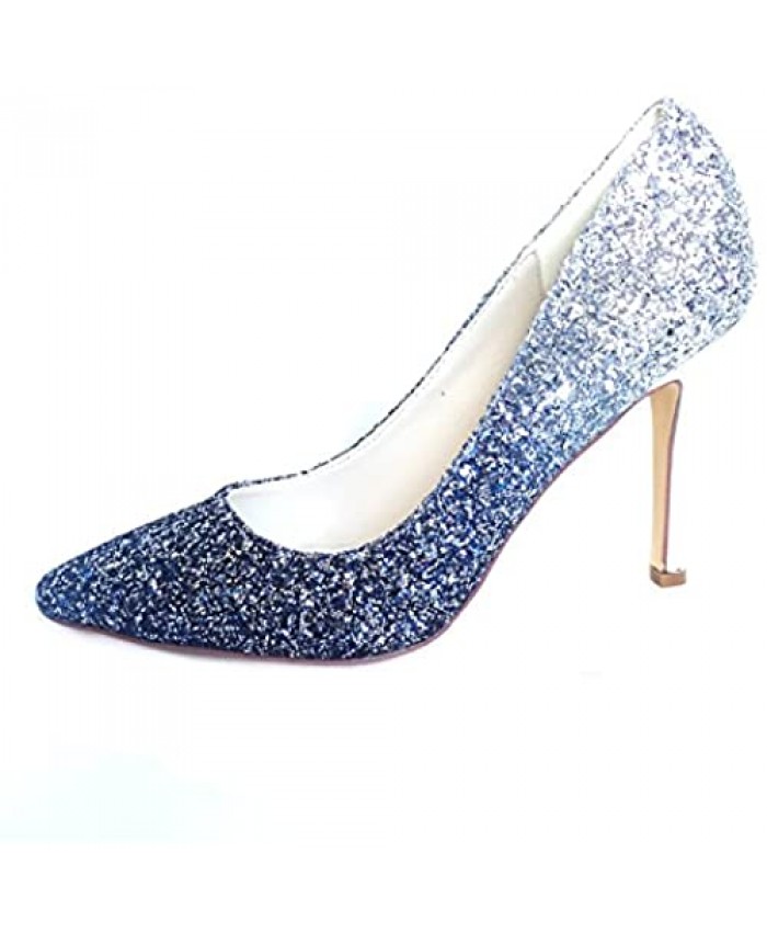 Creativesugar Gradient Color High Heels 3D Glitter Silver Gold Blue Hotpink Dress Shoes Pointed Toe Woman Pumps