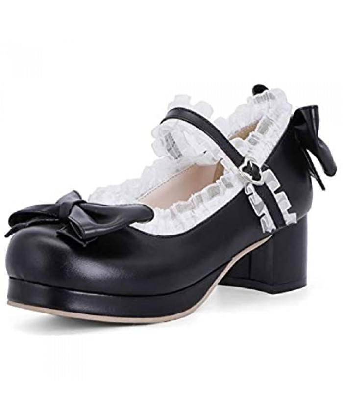 MSKFZEK Women's Cute Lolita Cosplay Shoes Bow Mid Chunky Heel Heart StrapPlatform Mary Jane Pumps Kawaii Sweet School Girl Shoes