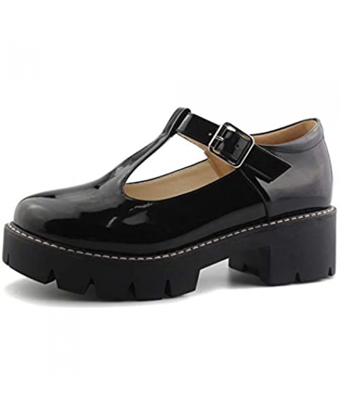 Sungtin for Women T-Strap Mary Jane Shoes School Uniform Platform Pumps Chunky Mid Heel Goth Shoes