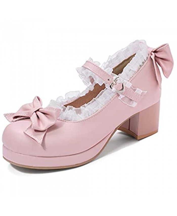Women Fashion Sweet Bownot Lolita Shoes Block Heels Ankle Strap Platform Lace Maid Mary Jane Shoes