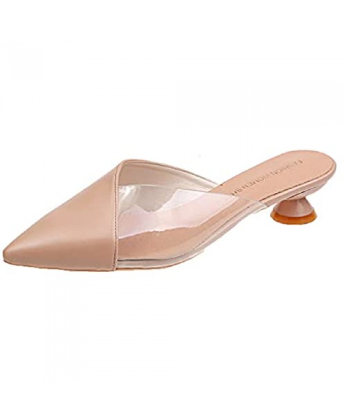 Hello Shero Women Pointed Toe Low Kitten Heel Mules Slippers Transparent Clear Pumps Slip-on Dress Shoes