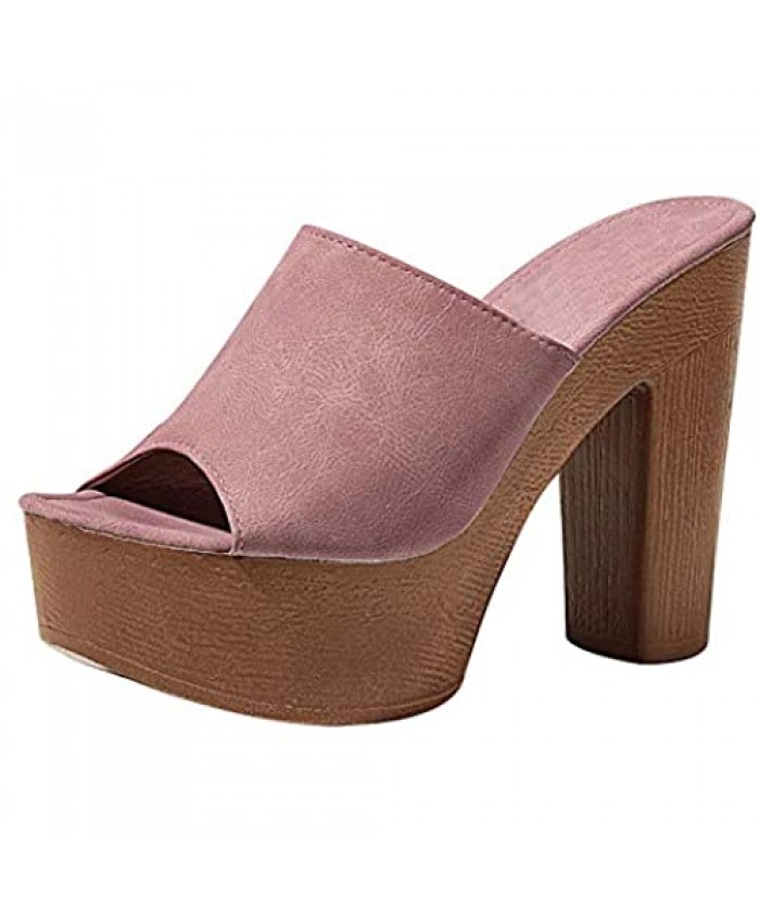 Women's Peep Toe Block Heeled Platform Mules Sandal Faux Wood Clog Summer Shoes