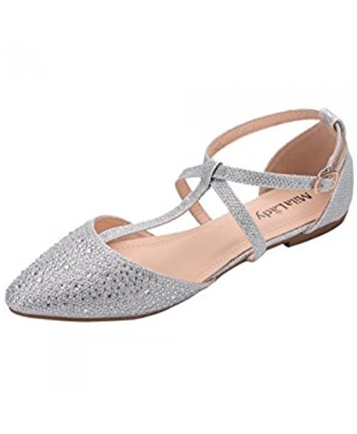 Mila Lady Laurel Womens Pointed Toe Ankle Strap T-Strap D'Orsay Dress Flats Shoes SILVER10