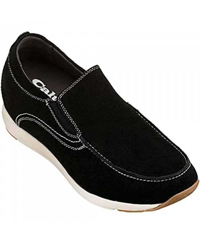 CALTO Men's Invisible Height Increasing Elevator Shoes - Black Nubuck Leather Slip-on Casual Loafers - 2.8 Inches Taller - G4903