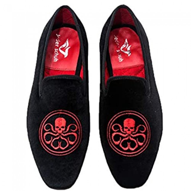 Jeder S Mens Red Velvet Loafers Dress Shoes Smoking Slippers Men Pirates Pattern Design Velvet Banquet Driving Shoes Loafer
