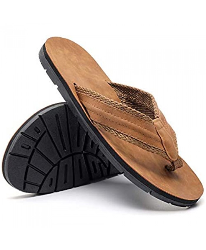 MEMON Men's Leather Thong Sandals Flip Flops Comfort Non-Slip Black/Brown Slippers for Outdoor Pool/Beach Size 7-13