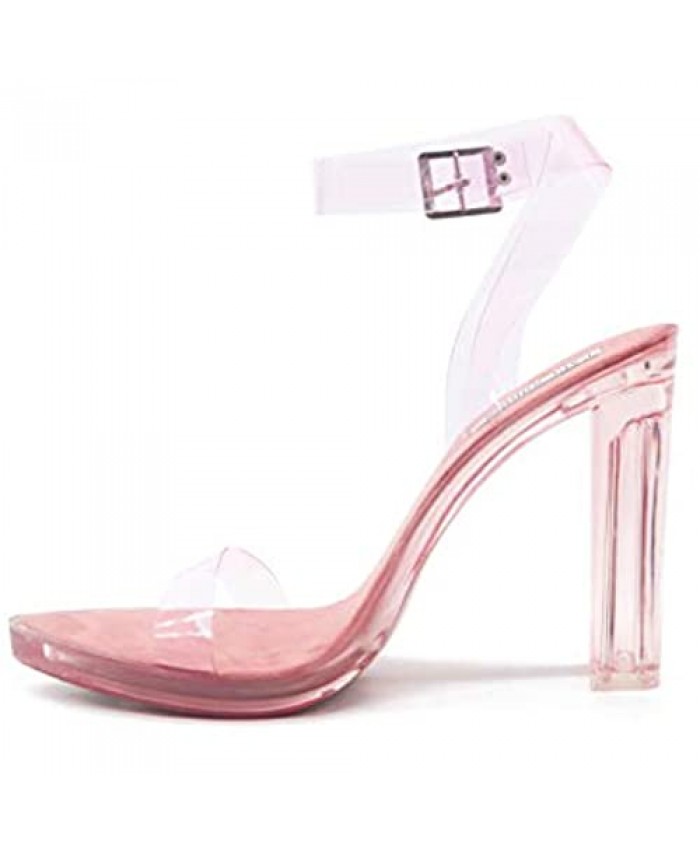 Cape Robbin Riesling Clear Chunky Block High Heels for Women Transparent Strappy Open Toe Shoes Heels for Women