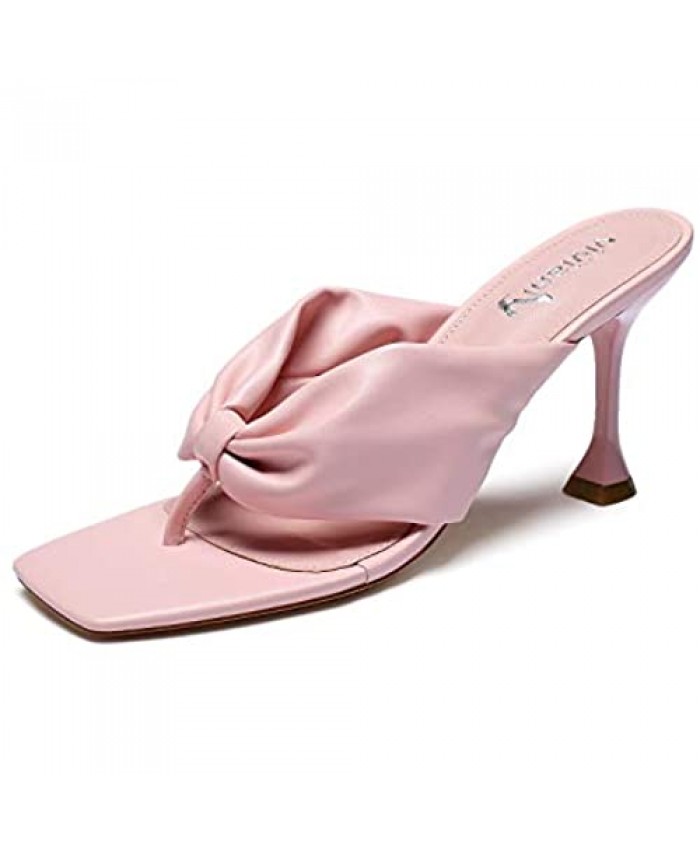 vivianly Women's Stiletto Heel Slip on Thong Sandal Flip Flops Heel Mules Shoes
