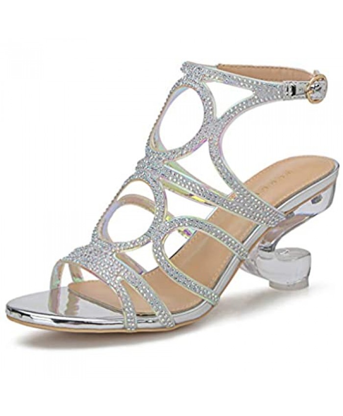 Women's Ankle Strap Rhinestone Heeled Sandals Open Toe Dress Sexy Prom Wedding Evening Lucite Clear Low Chunky Block Heel Pumps