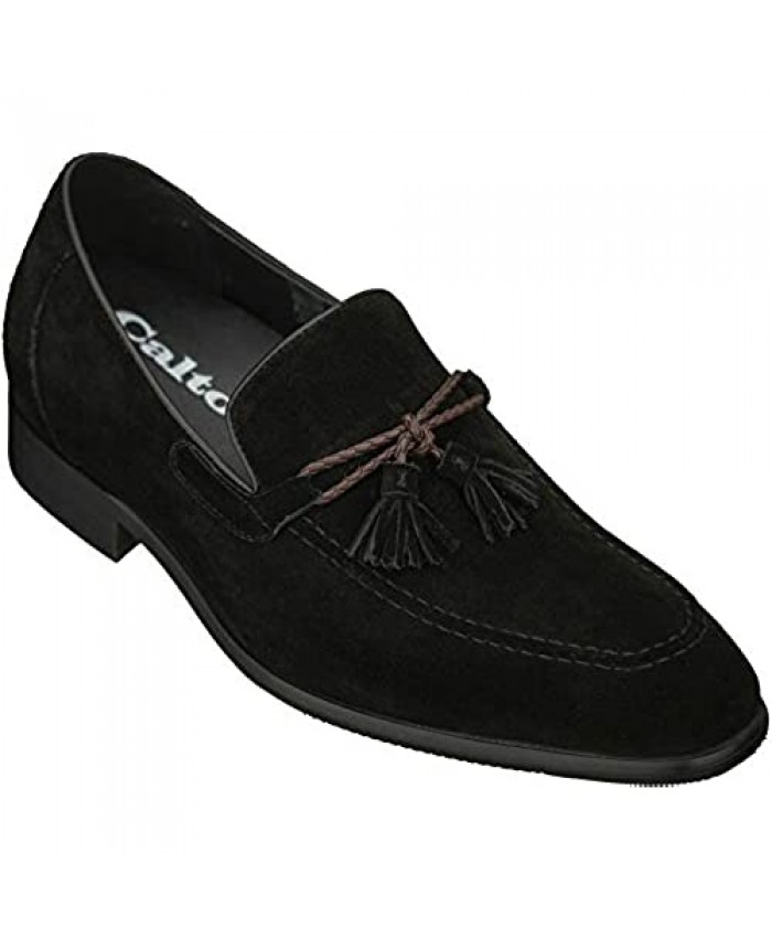 CALTO Men's Invisible Height Increasing Elevator Shoes - Black Premium Leather Slip-on Dress Loafers - 2.4 Inches Taller - Y6302