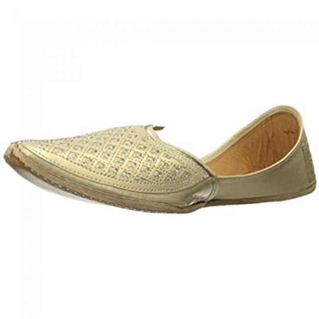 Step n Style Flache goldene Khussa-Schuhe für Herren traditionell indisches Leder Loafer Punjabi Jutti
