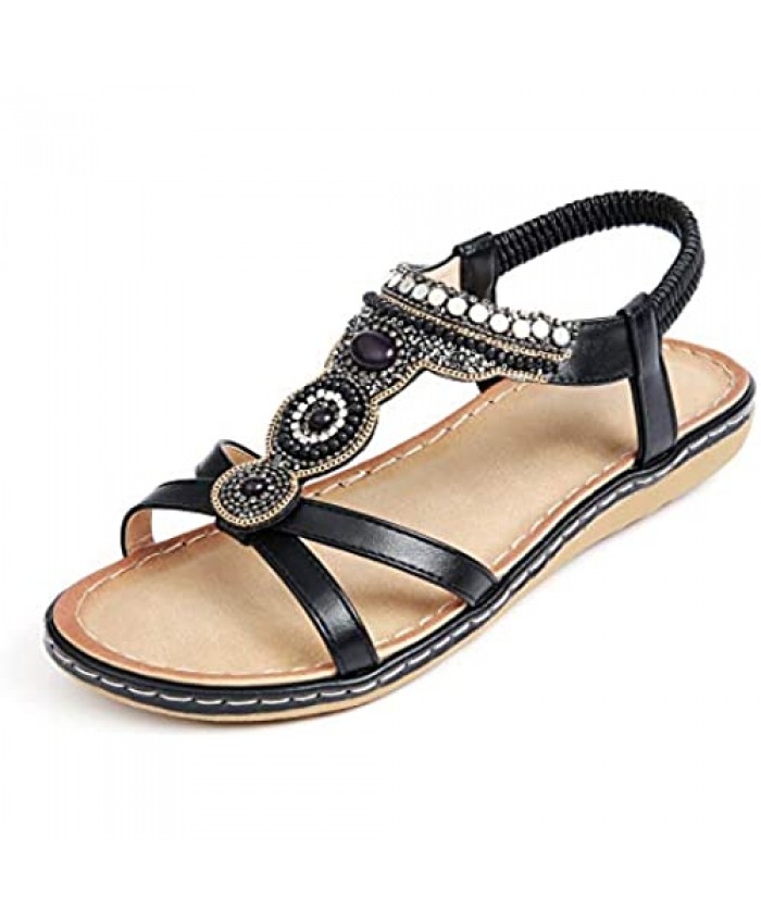 Solacozy Womens Bohemian Summer Sandals Bead Style Beach Sandals Comfy Slip On Sandals Ankle Strap Flip Flops Open Toe Flat Gladiator Sandals Elastic Flat Sandals for Women
