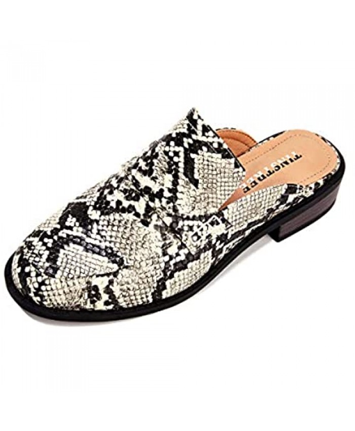 Women Mules Flats Shoes Low Heel Slip On Loafer Slides Sandal Snakeskin Stitching Leather Square Toe Backless Shoes