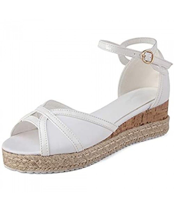 GATUXUS Women's Buckle Ankle Strap Wedge Sandals Open Toe Weave Platform Wedge High Heels Comfortable Shoes