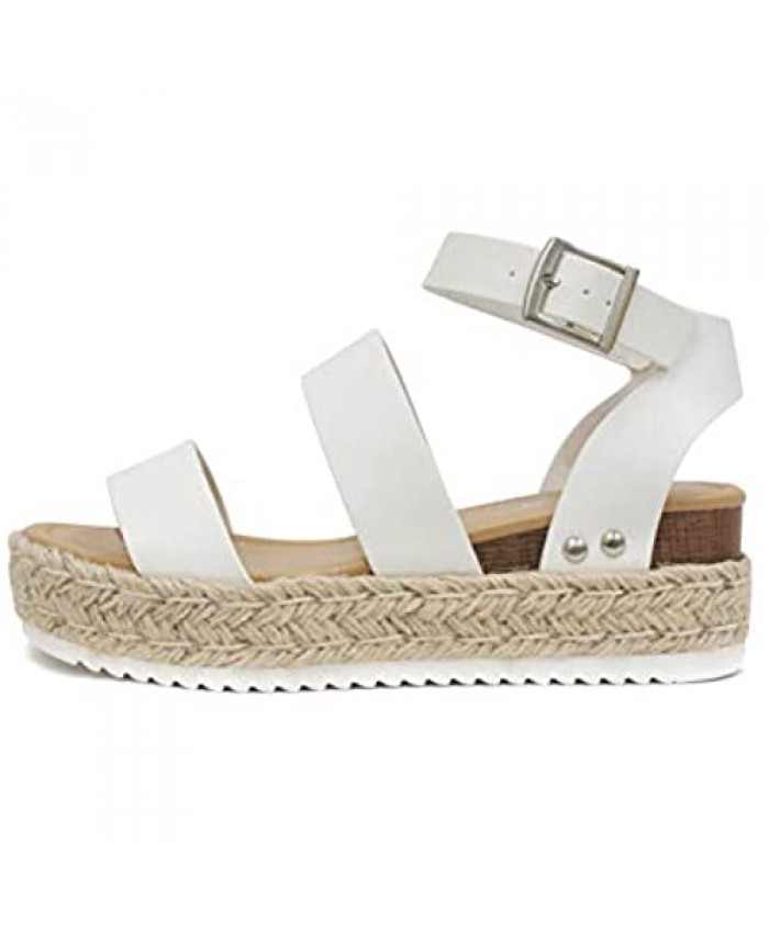 Soda Style Bryce ~ Open Toe Two Bands Espadrille Jute Platform Wedge Casual Fashion Flatform Sandals with Buckle Ankle Strap