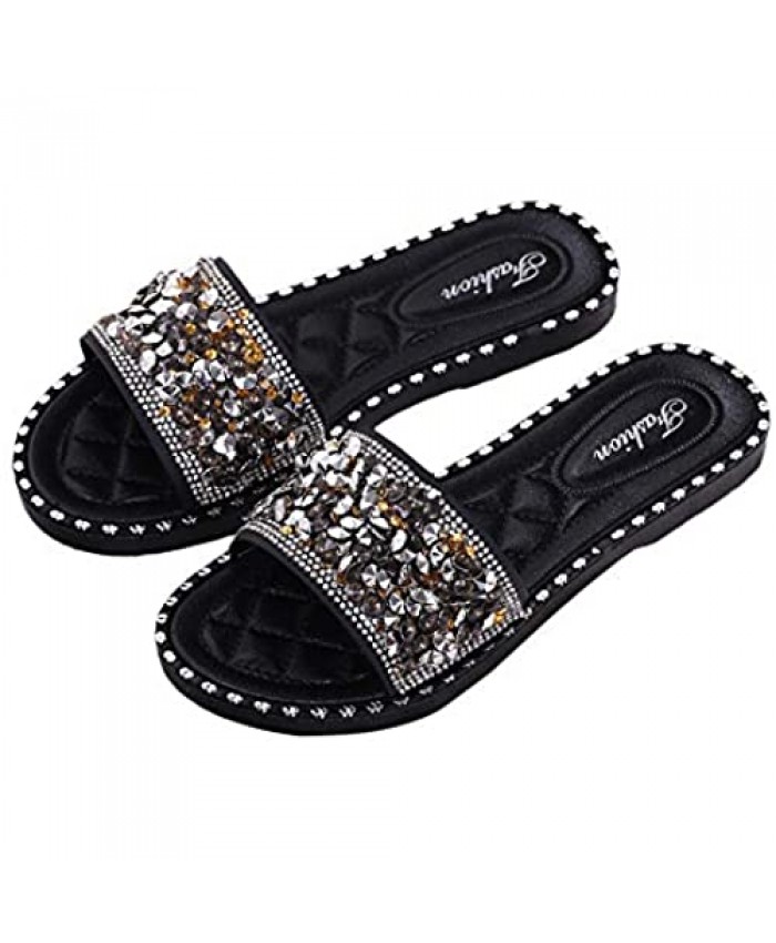 iFANS Women Shiny Rhinestone Flat Sparkle Glitter Slip On Casual Slides Sandals Slipper