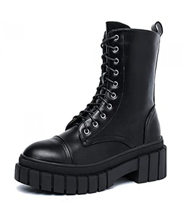READYSALTED Women's Ankle High Platform Chunky Combat Boots Lace Up Side Zipper